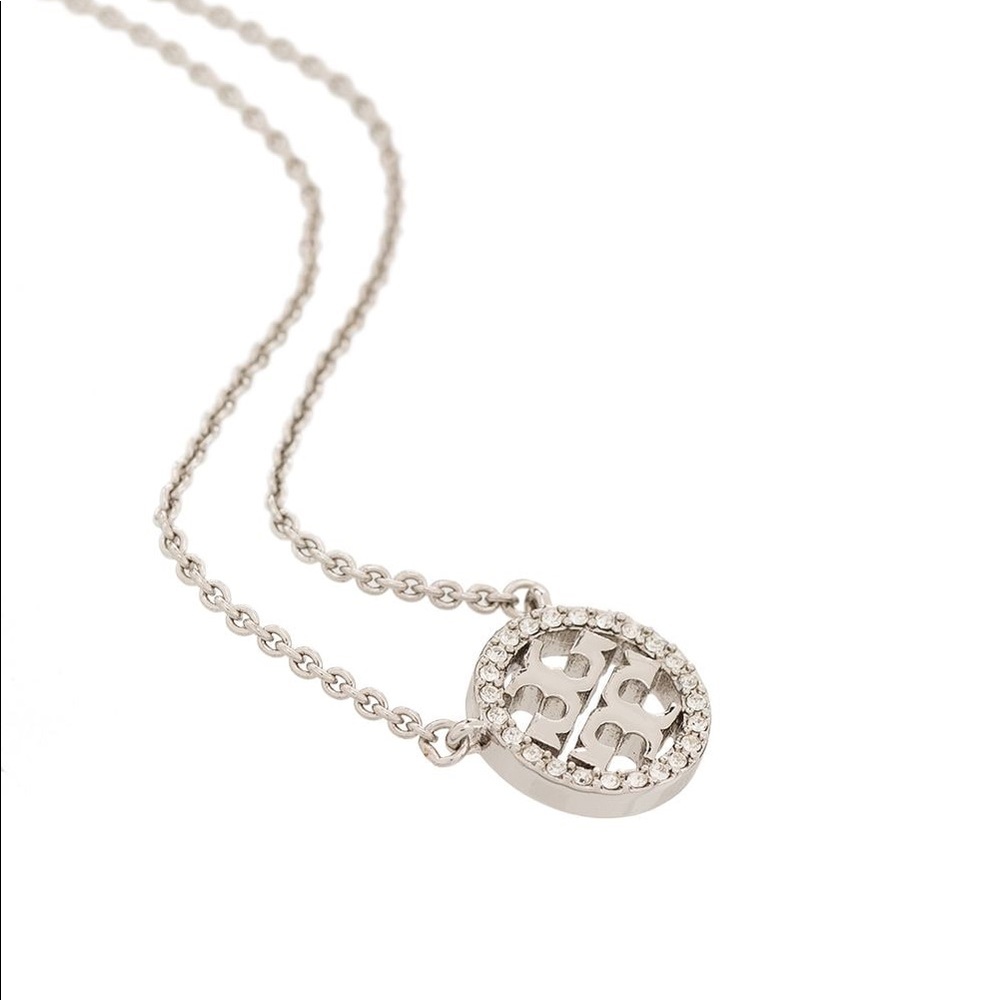 Tory Burch Silver Necklace with Gemstone Logo Pendant - Picture 5 of 8